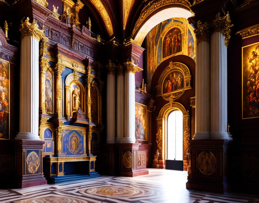 Luxurious interior with golden details, columns, religious icons, and patterned floor under natural light