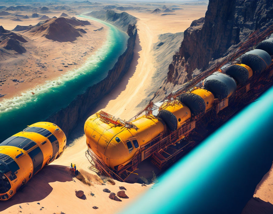 Futuristic yellow pod train in desert canyon by meandering river