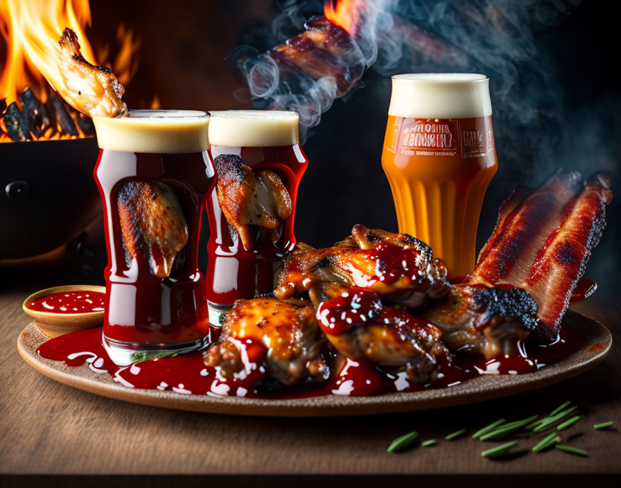 Barbecue Chicken and Bacon Plate with Beer and Flames Background