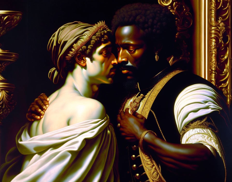 Intimate scene of two men in historical attire with contrasting skin tones