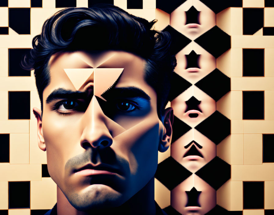 Fragmented face portrait against geometric background: surreal play on perception and identity