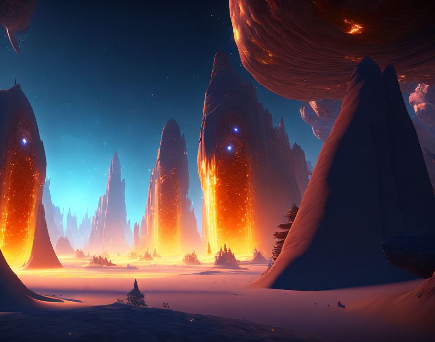 Alien landscape with towering rock formations and glowing lights