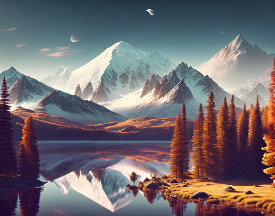 Snow-capped mountains, autumn trees, and double moons in serene landscape