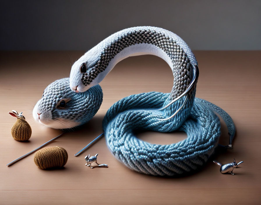 Knit cord snake with mirror and metal mouse figurines in creative composition