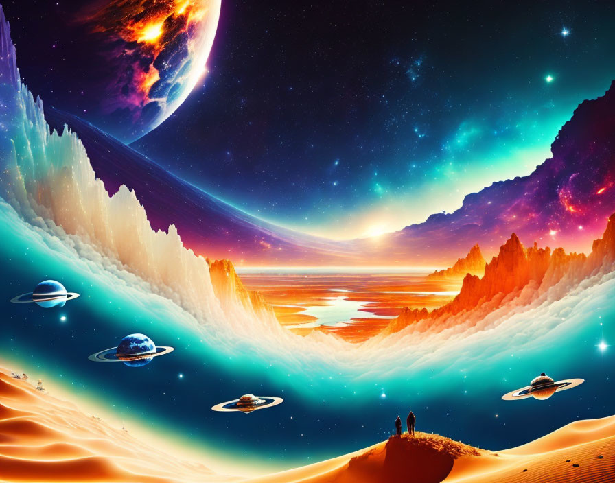 Colorful sci-fi scene: exoplanet, crystals, flying saucers, people silhou