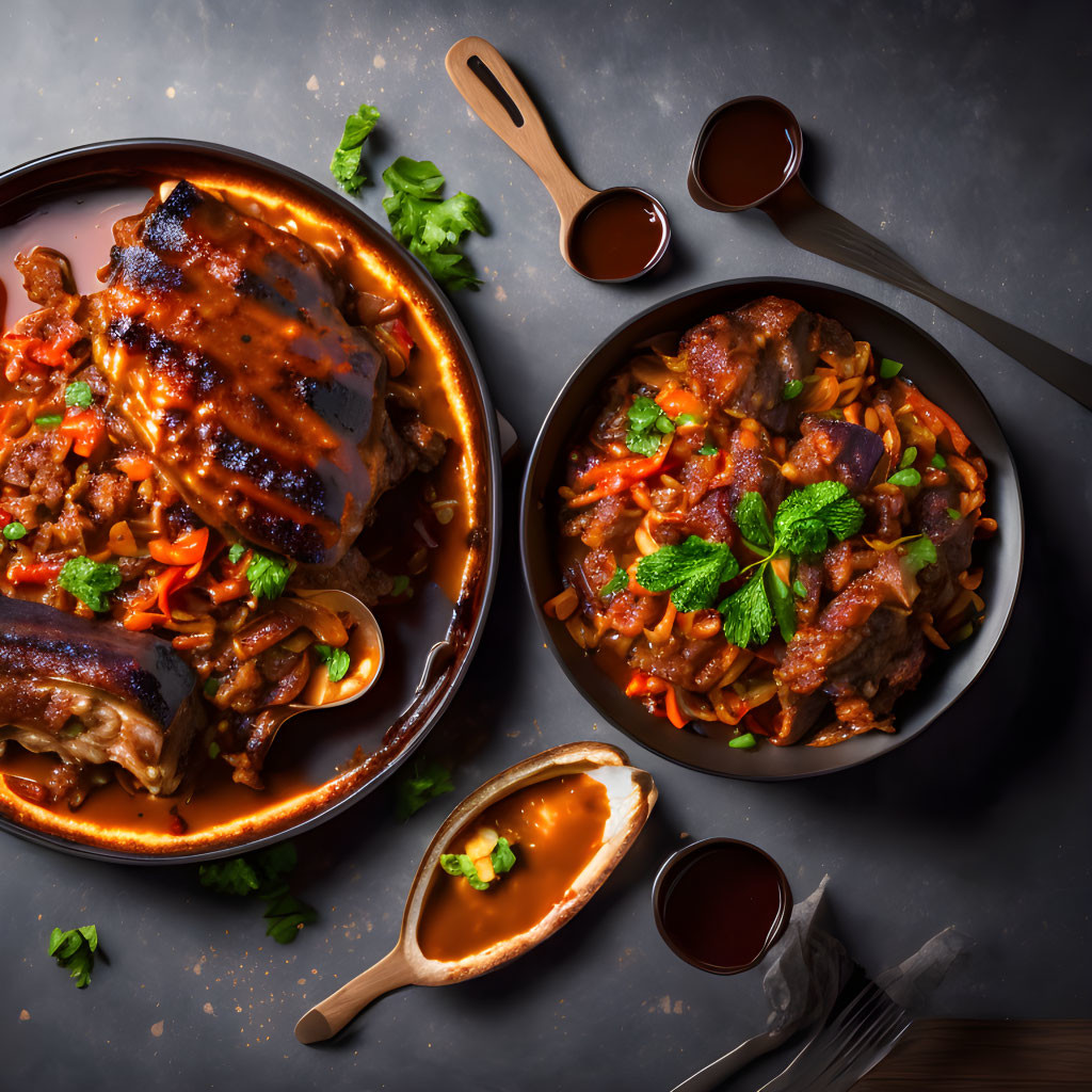 Savory grilled ribs and pasta with vegetables on rustic table setup