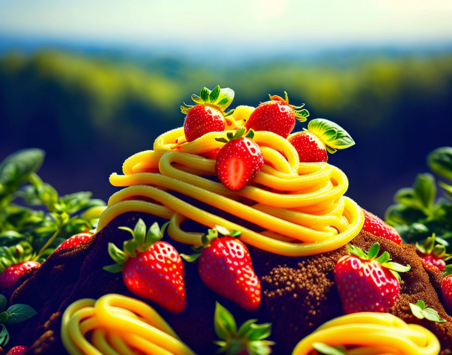 Spaghetti mound with strawberries and basil on forest background