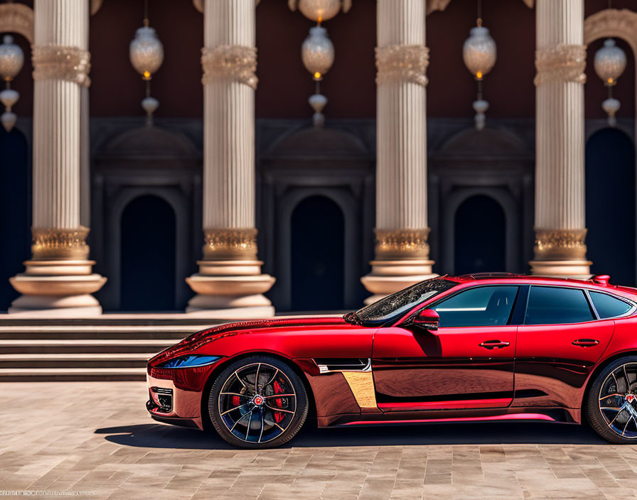 Luxurious Red Sports Car Parked in Front of Elegant Building