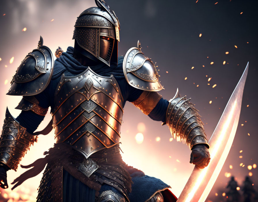 Detailed armor knight with sword in dusky sky setting