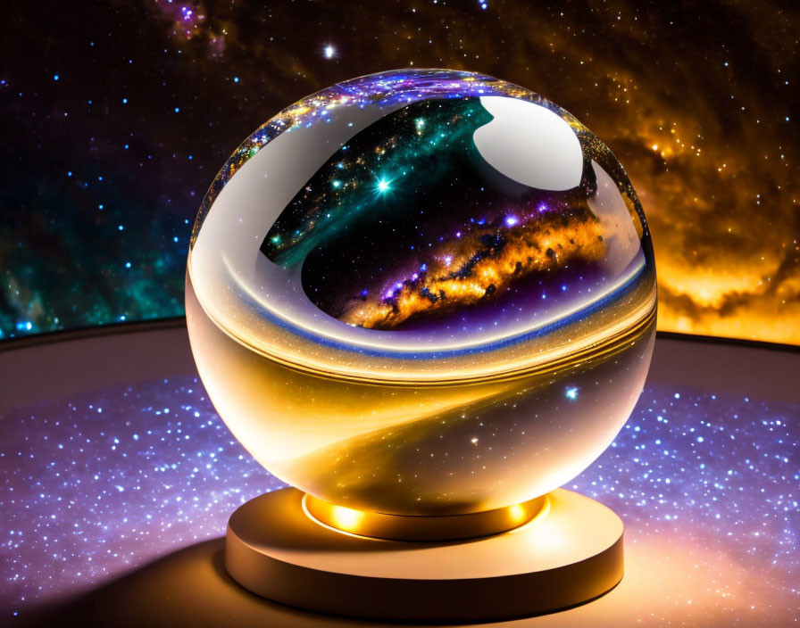 Crystal ball with swirling galaxy on golden stand