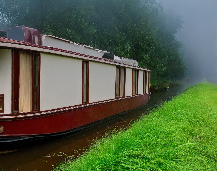 Narrowboat beside vibrant green grass in misty canal setting