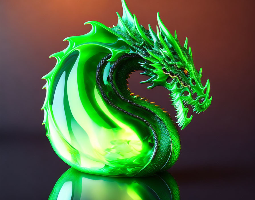 Vivid Green Dragon Sculpture on Reflective Surface