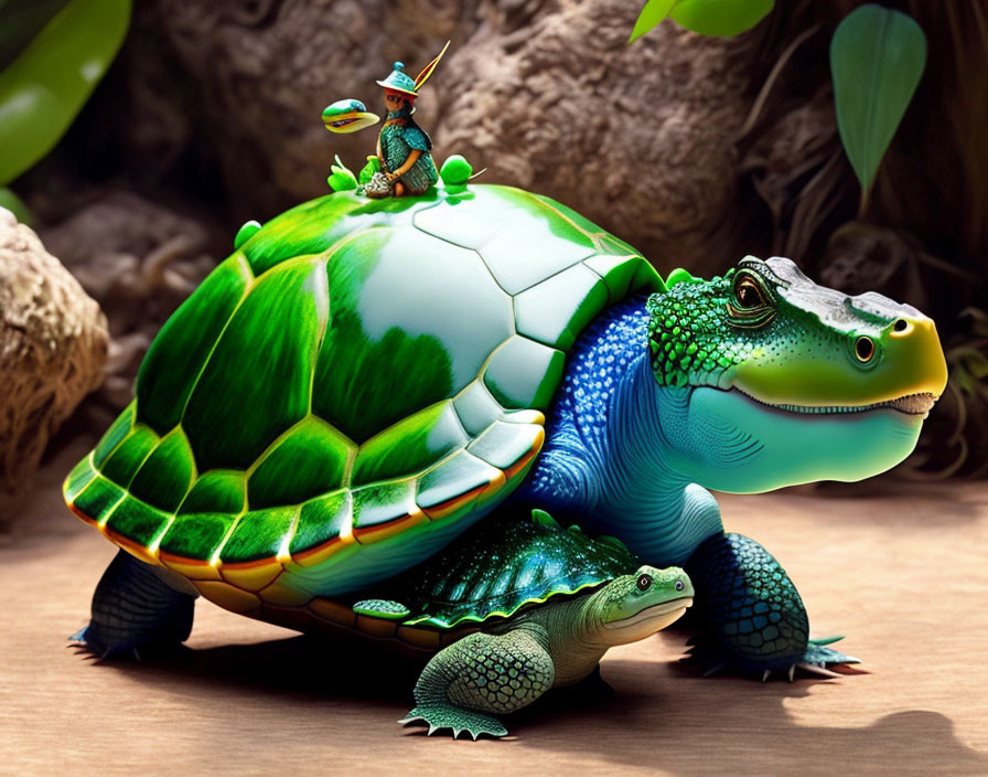 Digitally altered image of green turtle with smaller turtle and tiny hat