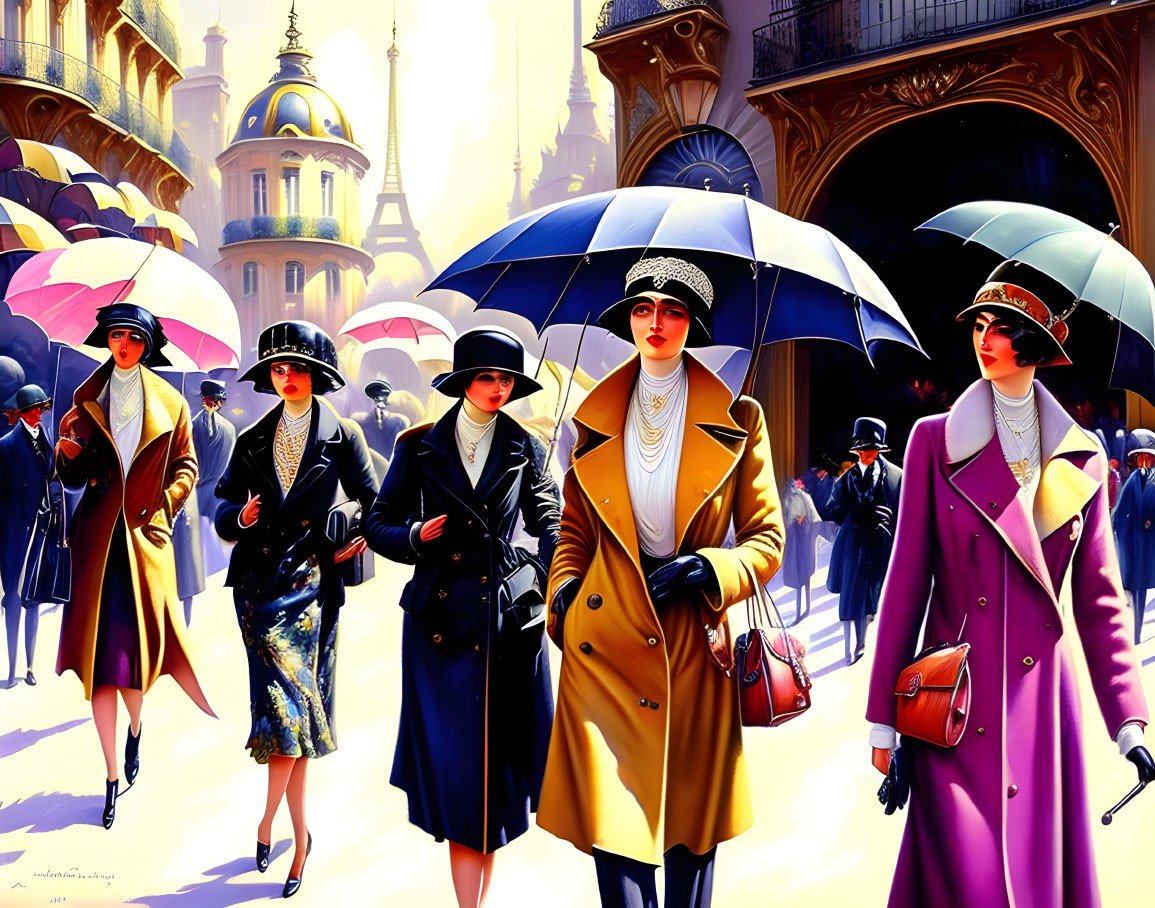 Elegantly dressed women with umbrellas in busy, sunlit street