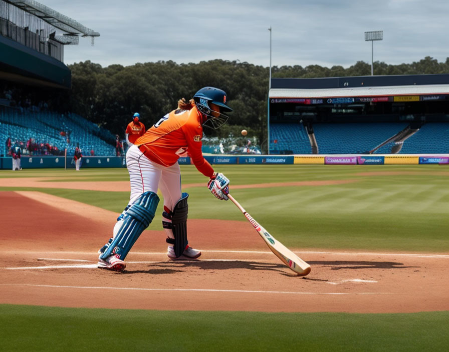 Cricket player in orange and blue gear with bat on empty stadium pitch