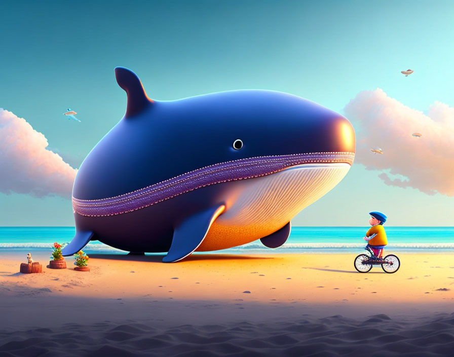 Child on Bicycle Gazes at Stylized Whale on Sandy Beach