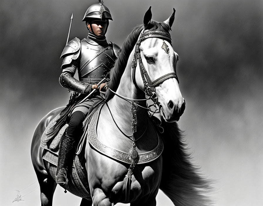 Knight in shining armor on white horse against grayscale backdrop