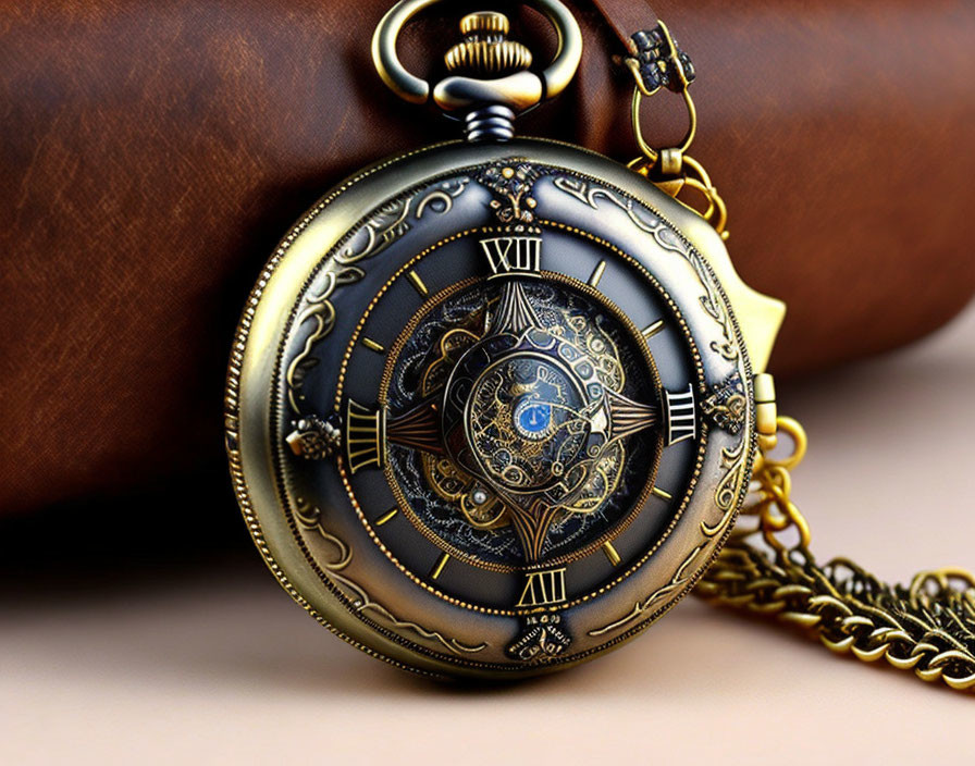 Vintage Pocket Watch with Roman Numerals and Blue Gemstone Filigree Design