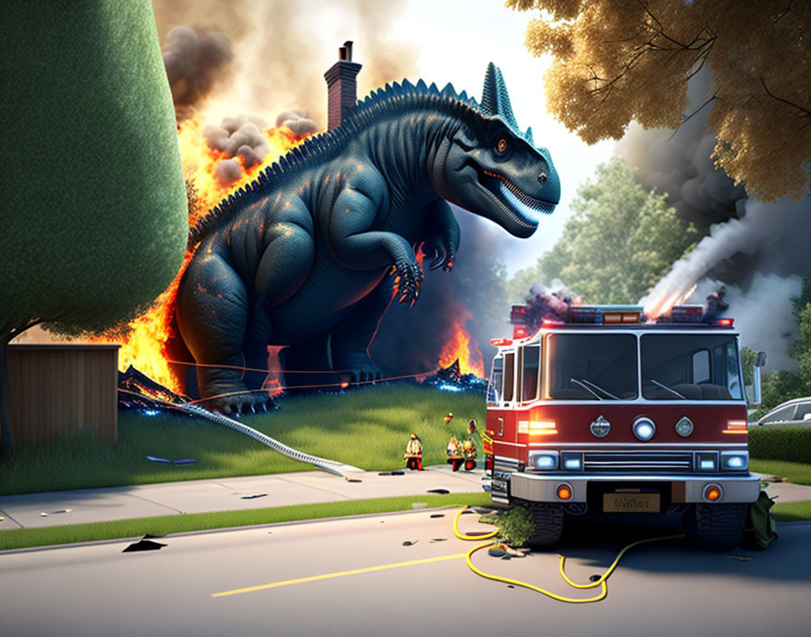 Glowing spiked dinosaur near burning house with firefighters