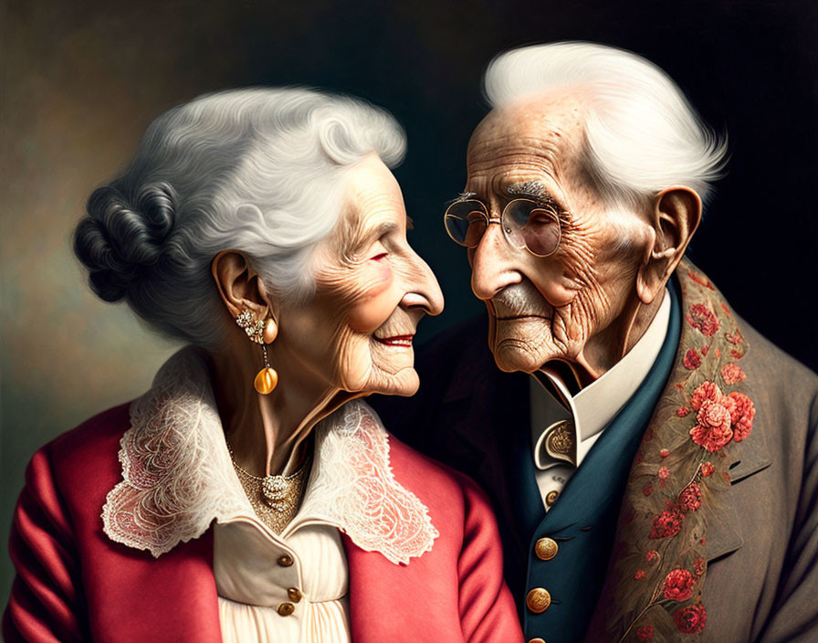 Elderly couple smiling in formal attire