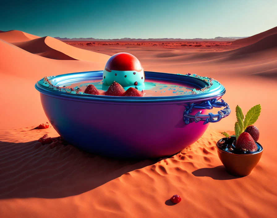 Blue pot with strawberries and egg on desert sand dune under clear sky