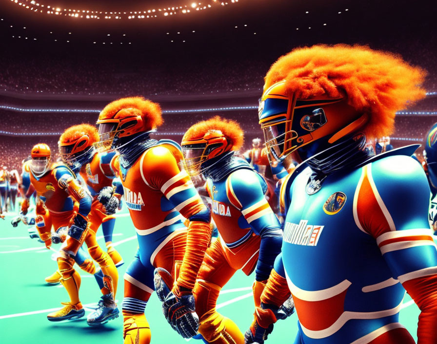 Vibrant orange and blue futuristic athletes in illuminated gear preparing for competition.