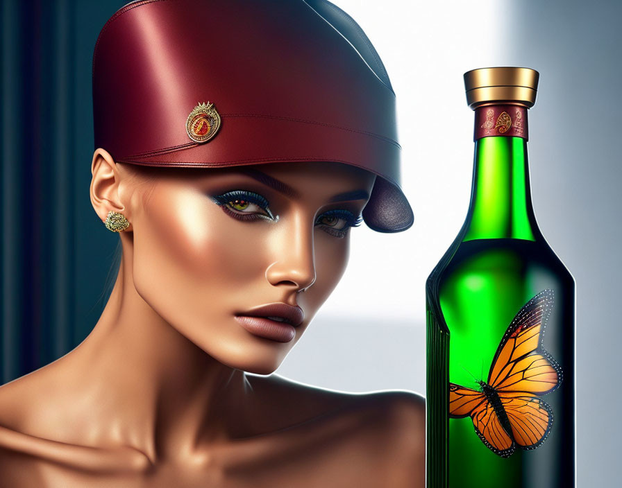 Photorealistic split illustration of a woman in maroon cap and a butterfly on a green bottle