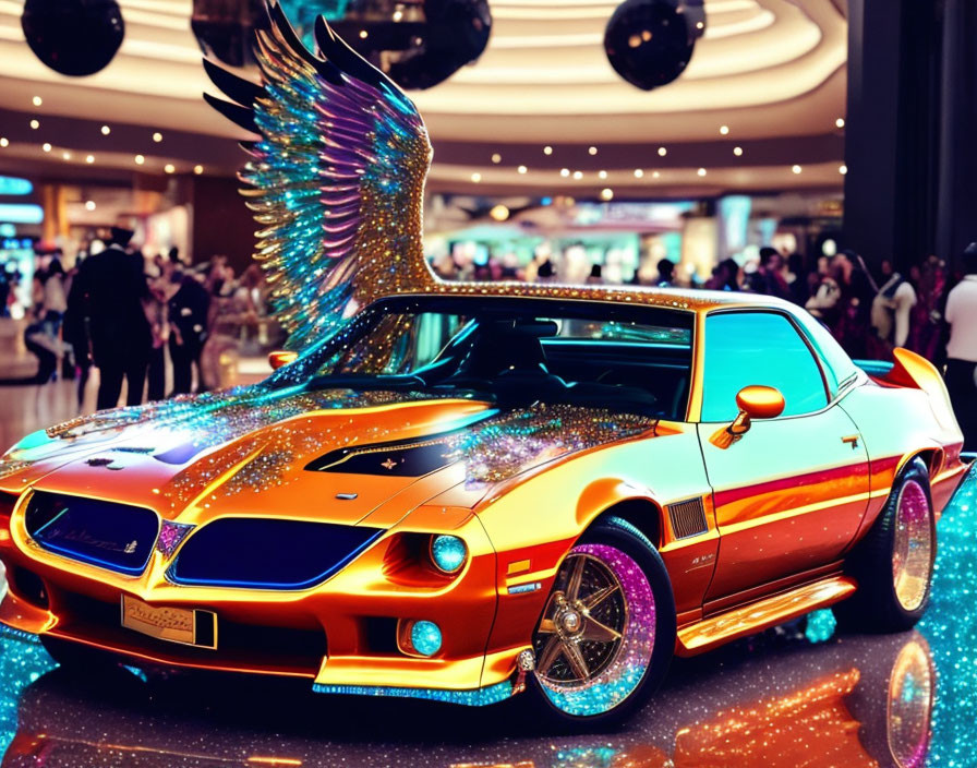 Customized vintage car with gold and orange paint, winged doors, and glowing wheels showcased in busy