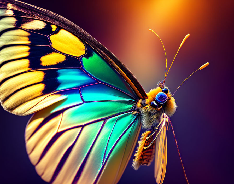 Colorful Butterfly with Blue and Yellow Iridescent Wings on Blurred Background