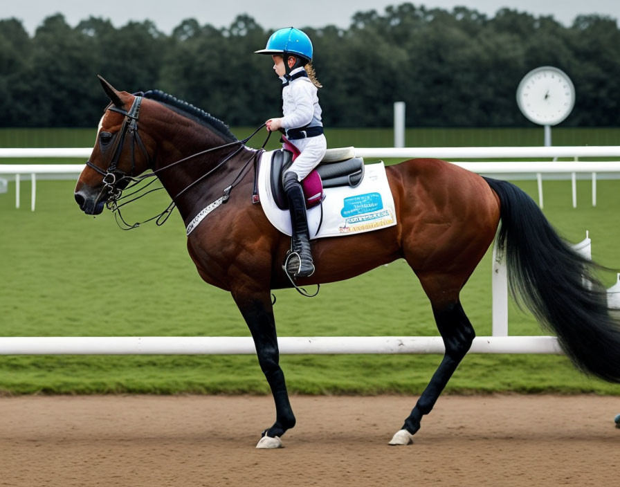 Young rider on brown horse with helmet and gloves trotting on race track.