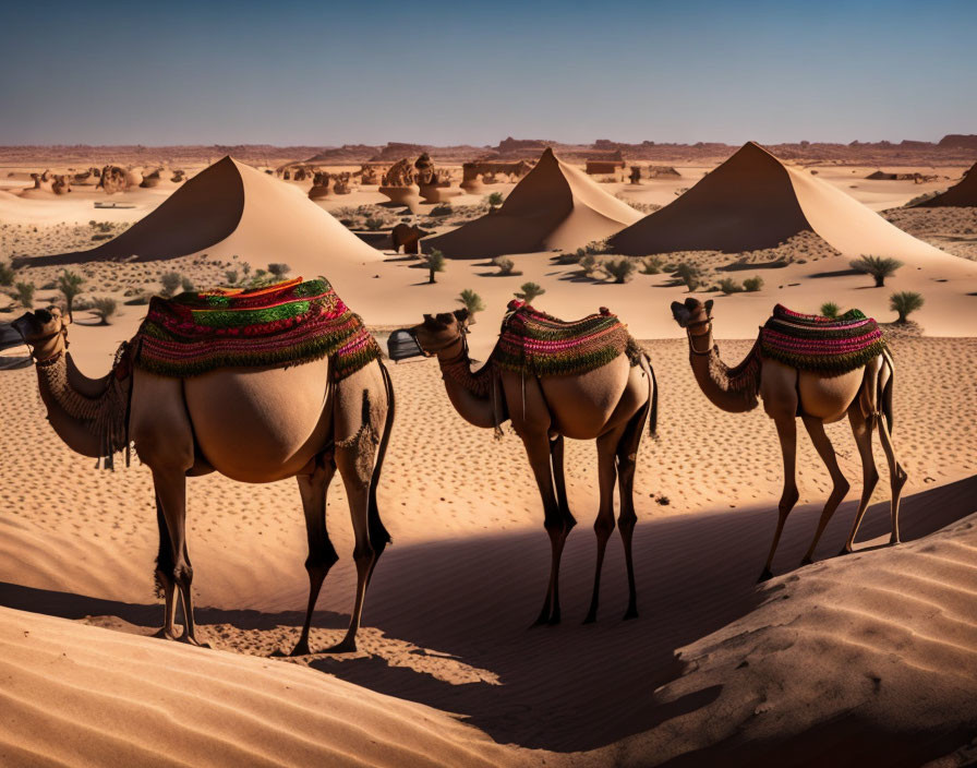 Colorful saddled camels crossing desert with sand dunes and rocks under clear sky