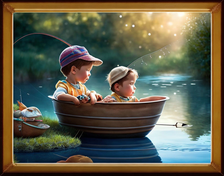 Children fishing in tub on water at sunset with serene natural backdrop