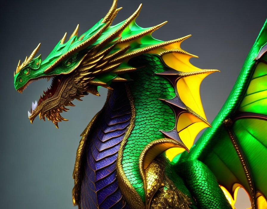 Detailed Dragon Model with Green, Blue Scales & Gold Accents