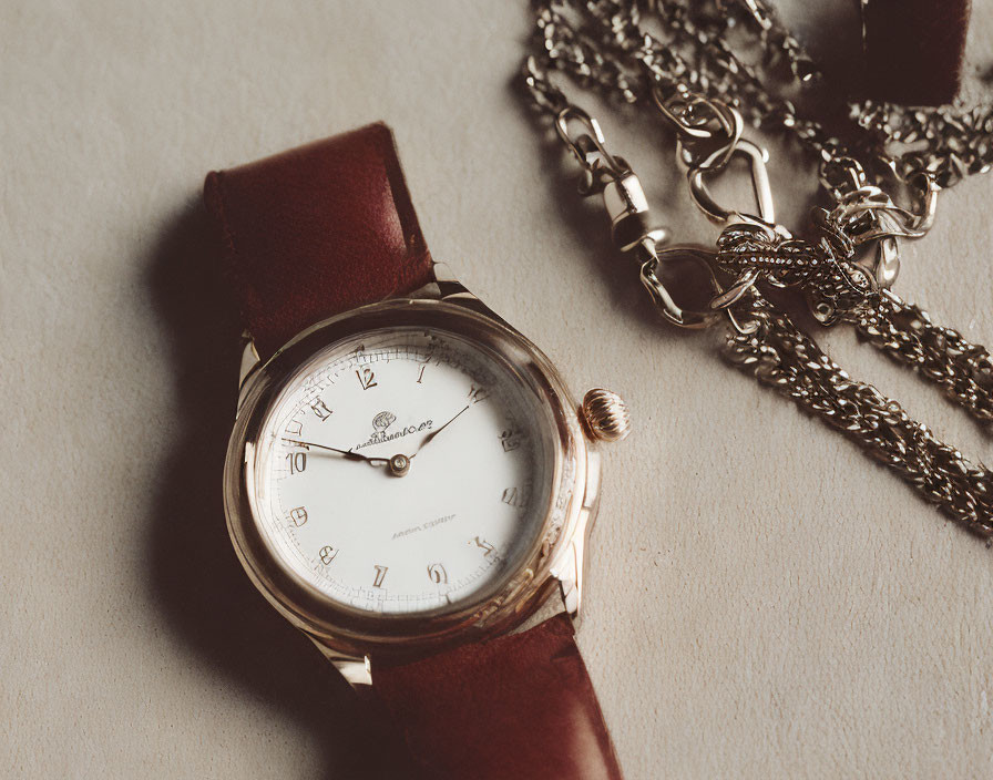 Vintage Wristwatch with Leather Strap and Silver Chain on Beige Surface