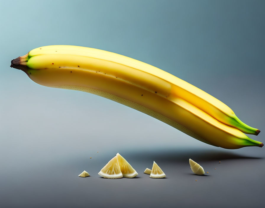 Floating banana above white chocolate slices on gray background