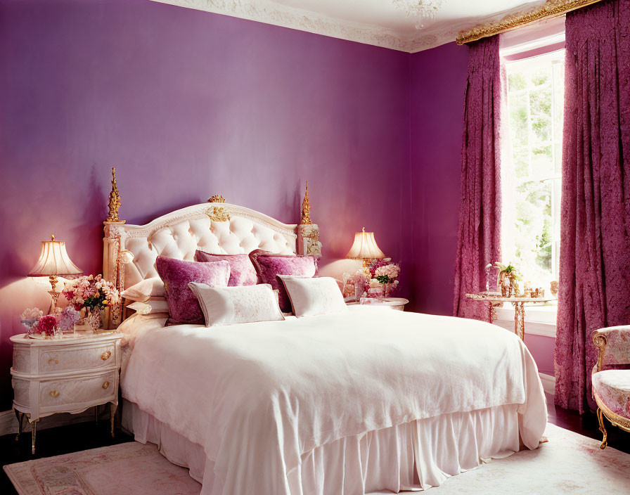 Luxurious Purple-Themed Bedroom with White Ornate Bed and Elegant Decor