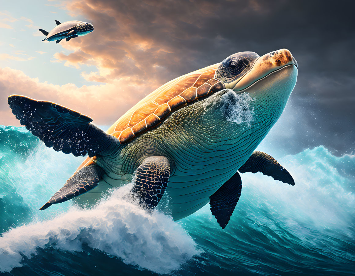 Majestic sea turtle swimming with flying fish and dramatic clouds