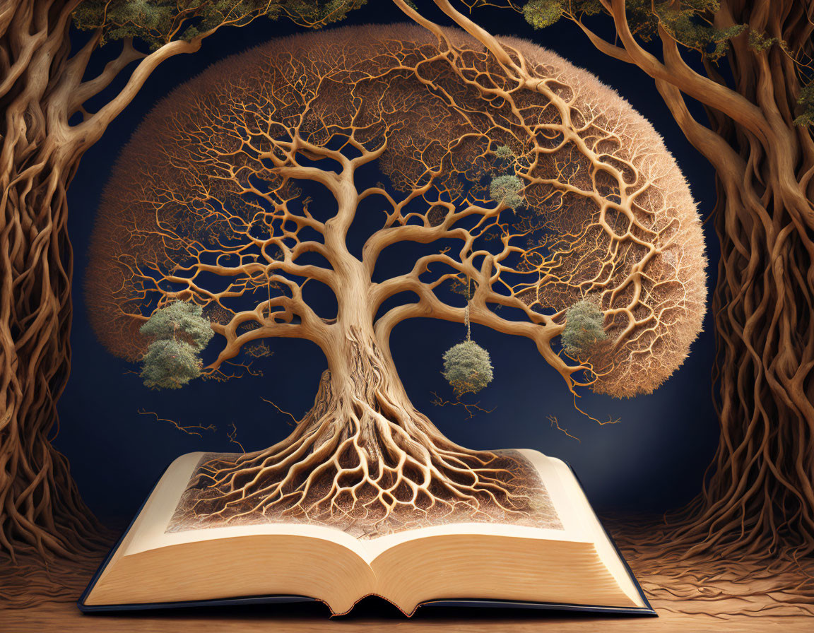 Imaginative tree growing from open book in dark forest landscape