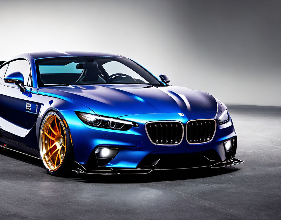 Blue Sports Car with White Racing Stripes and Golden Rims in Studio Setting