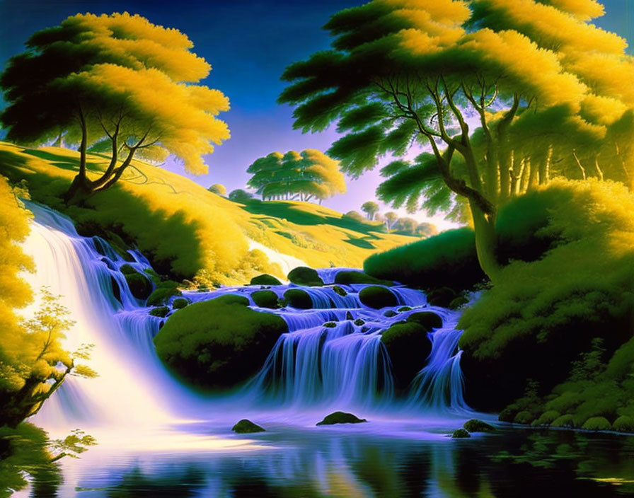 Vibrant landscape with multi-level waterfalls, lush green trees, yellow highlights, and vivid blue