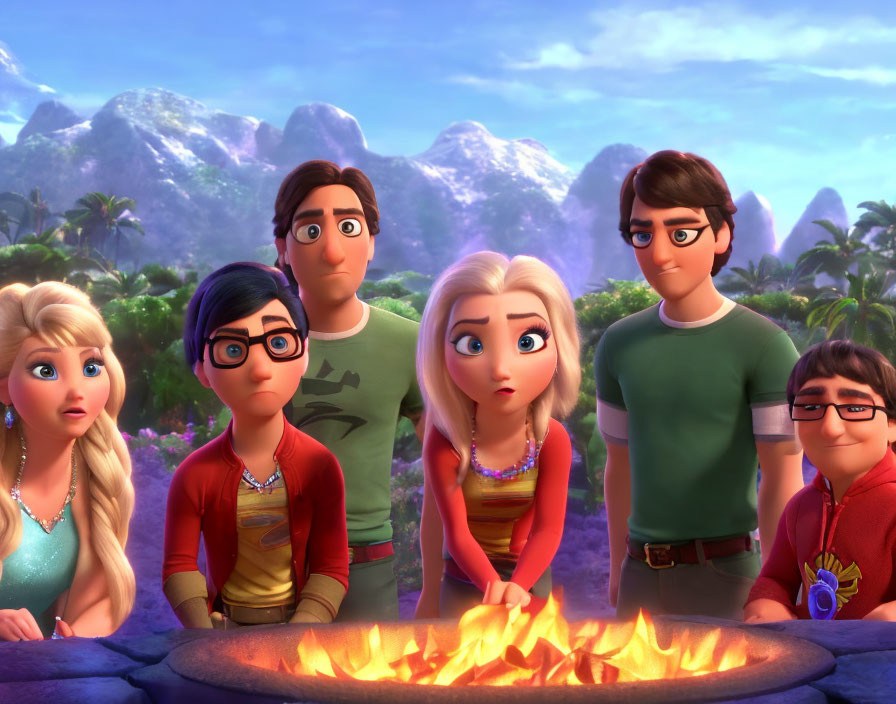 Various animated characters express emotions around tropical campfire.