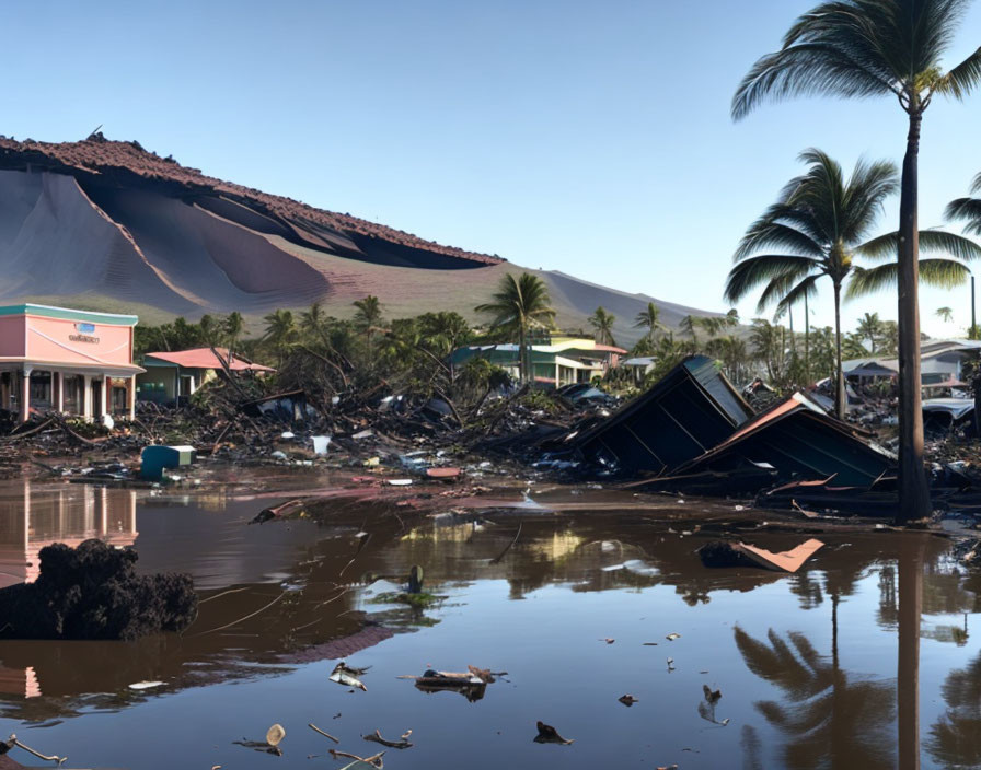 Devastated area with collapsed buildings, muddy flood, volcano, and palm trees.