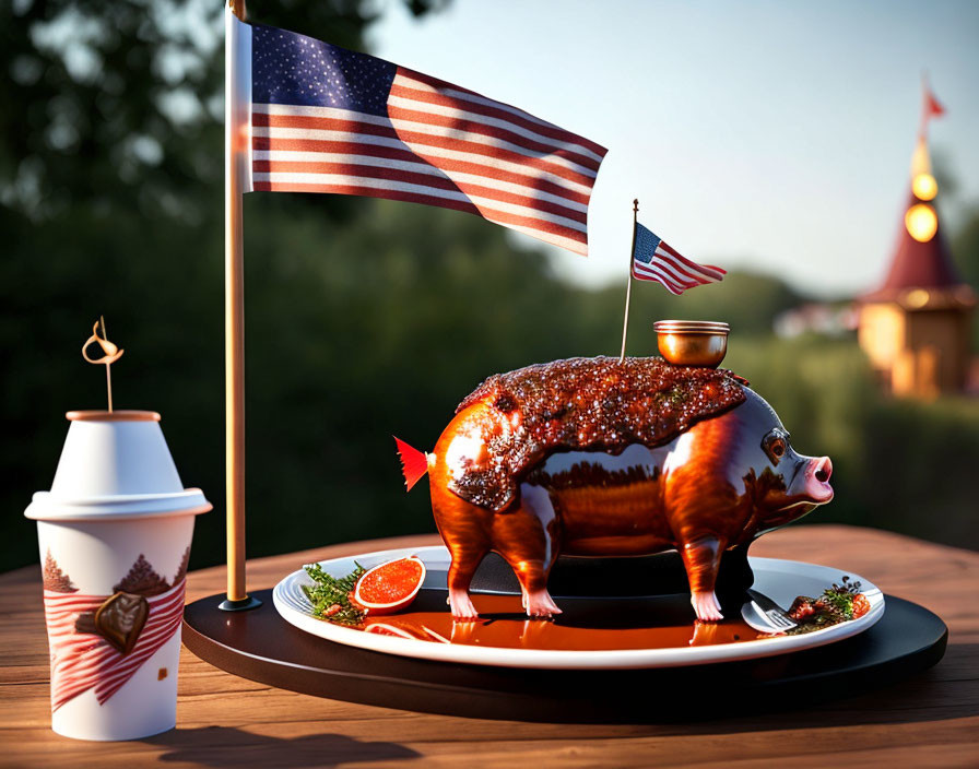 Stylized roast pig with American flag, coffee cup with flag stirrer, outdoor scene