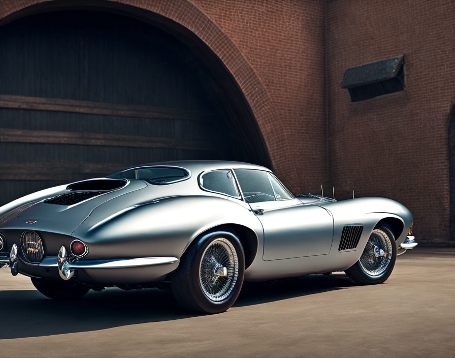 Silver Sports Car Parked in Front of Red Brick Hangar