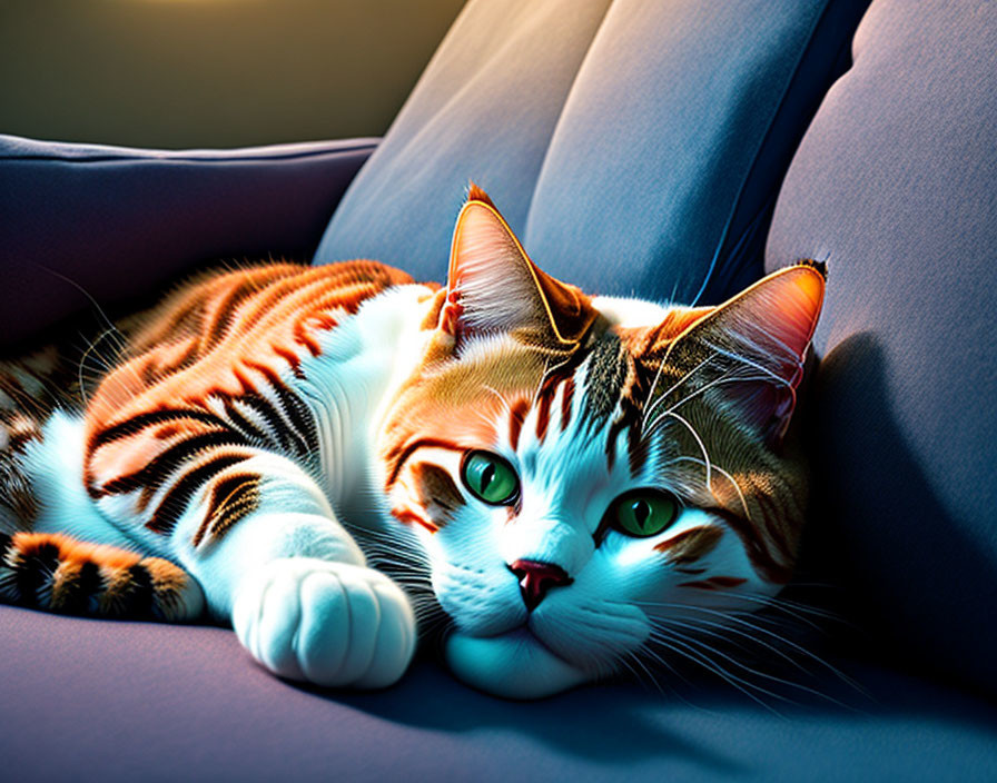 Tabby Cat with Green Eyes Lounging on Blue Sofa