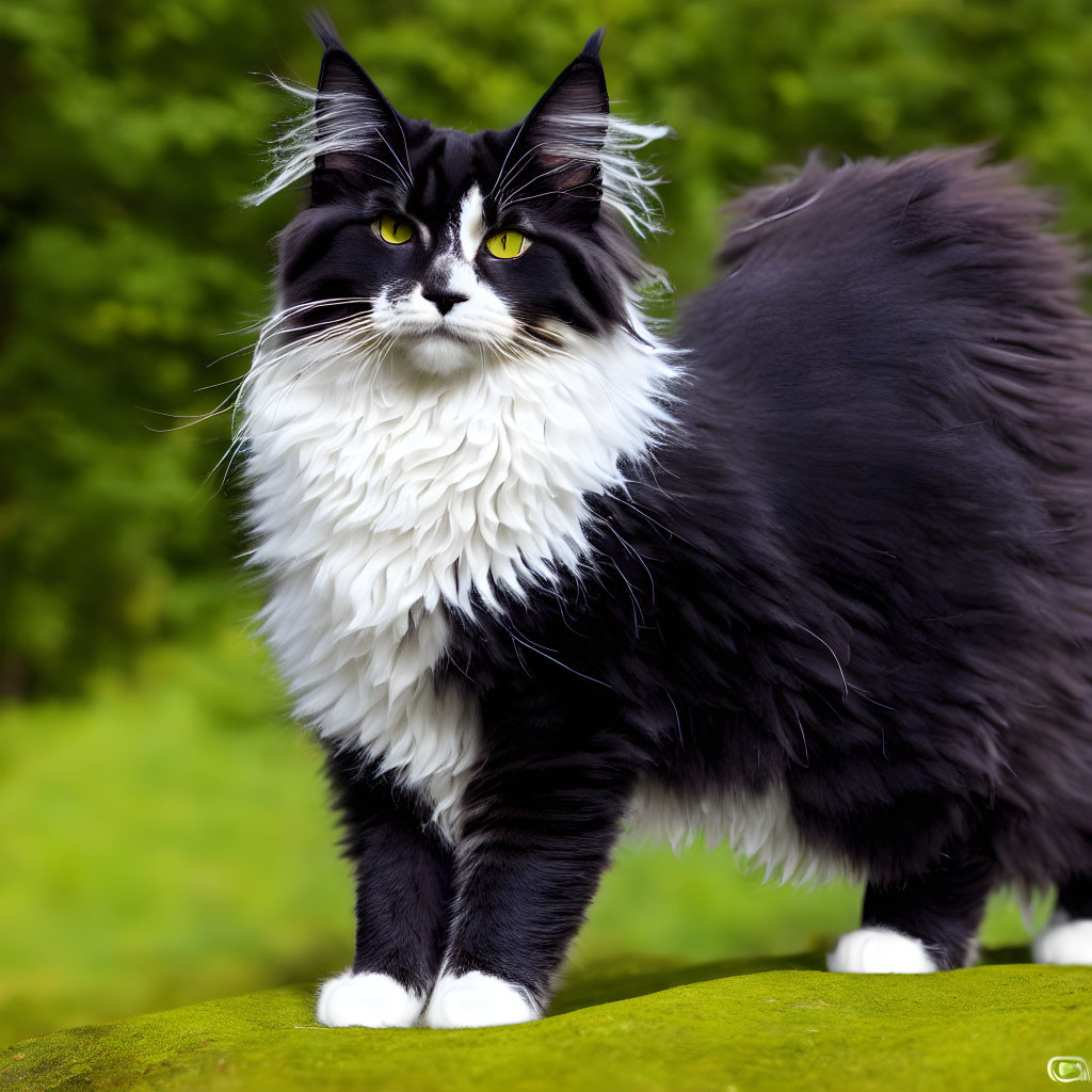 Black and White Maine Coon Cat with Tufted Ears on Mossy Surface