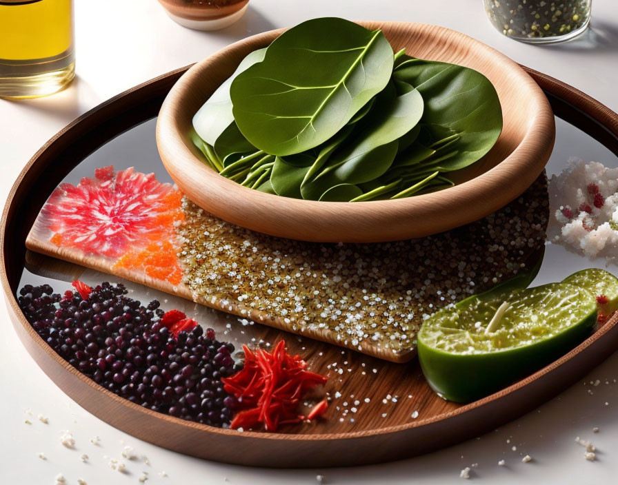 Wooden Platter with Spinach, Grapefruit, Quinoa, Caviar, Chili,