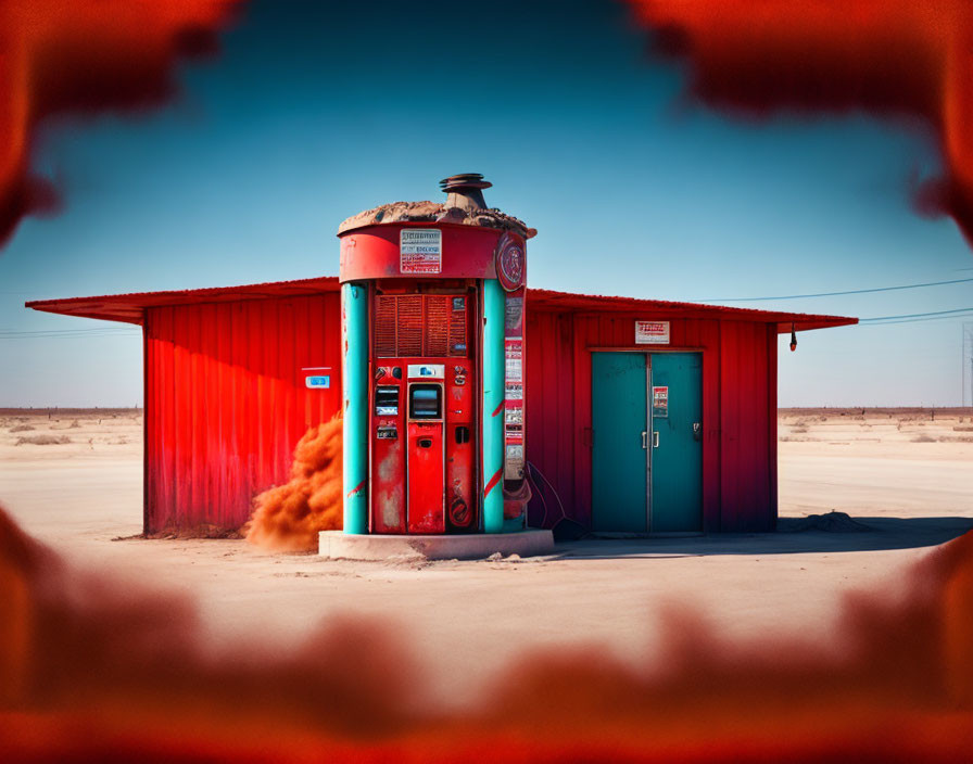 Vintage Red Gas Pump in Front of Red Building with Desert Backdrop