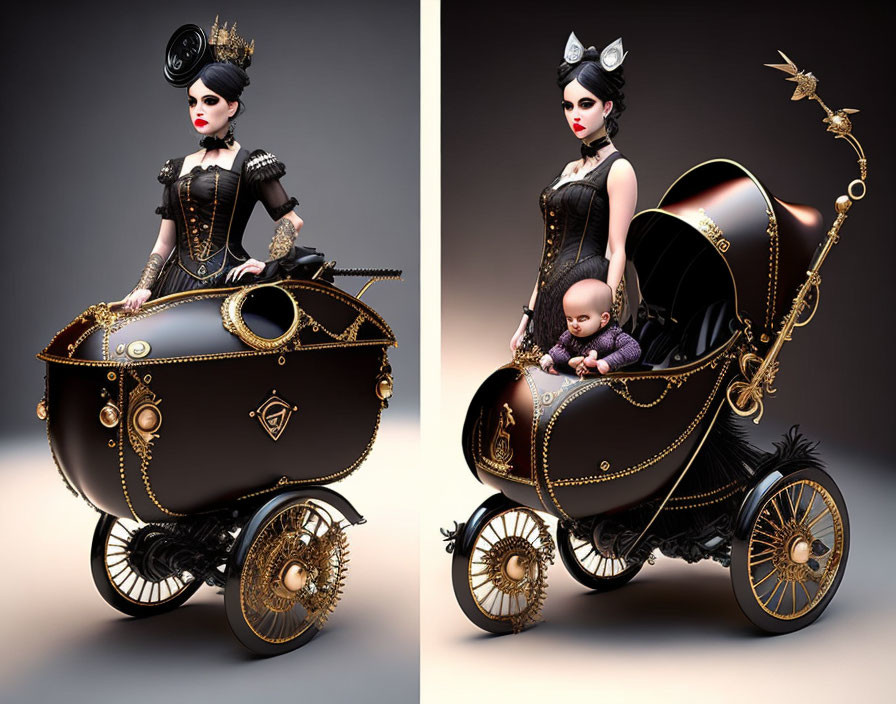 Victorian-style woman with steampunk pram and baby - ornate gold details, mechanical wheels