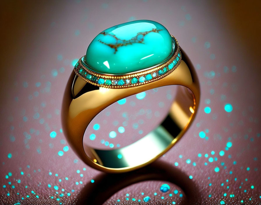 Turquoise Stone Gold Ring with Sparkling Gems on Blue Background